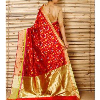 Red Silk Phool Meena Jaal Chanderi Saree