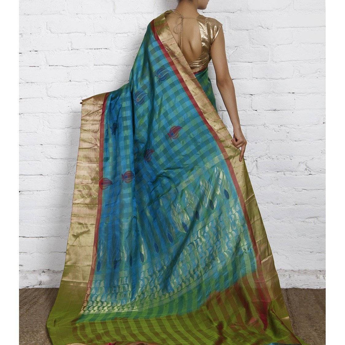 Handwoven Green and Blue Kora Silk Saree