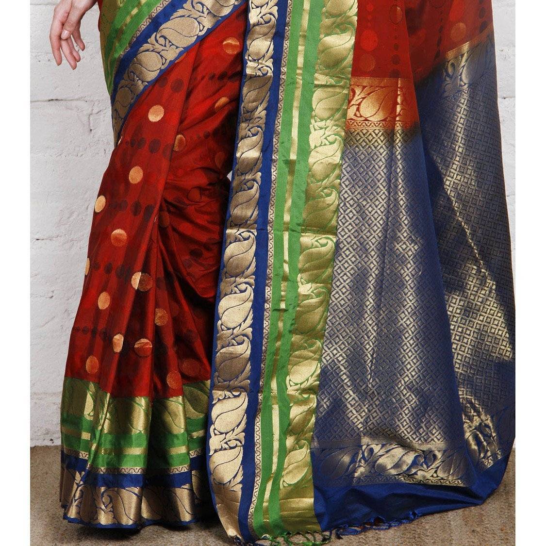 Handwoven Red, Blue and Green Silk Saree