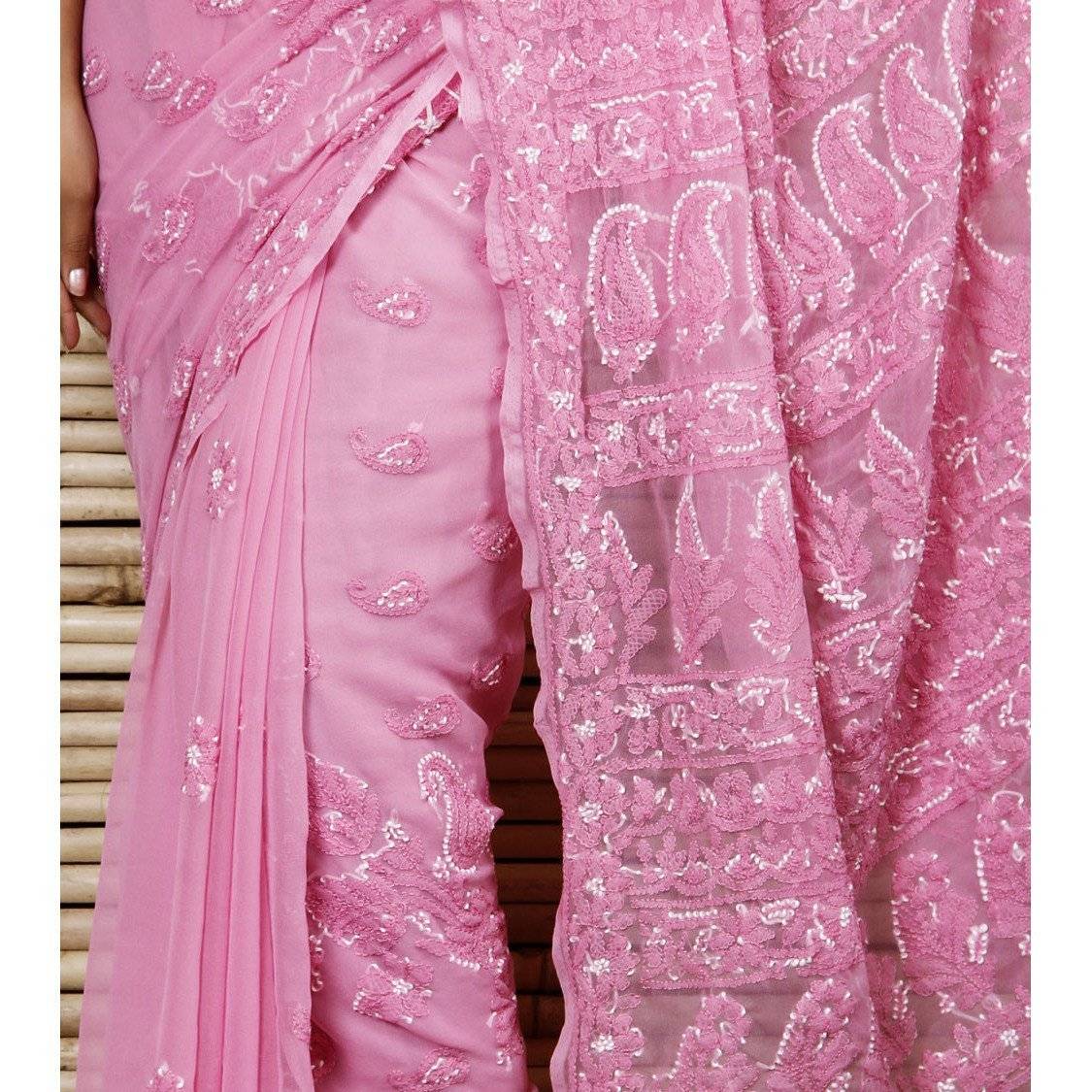 Pink Chiffon Saree - Chikankari
