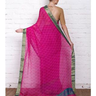 Pink Block Printed Chiffon Saree