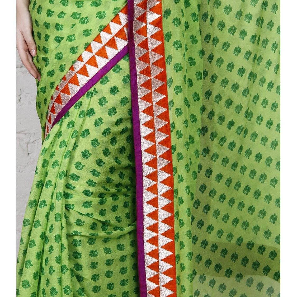 Green Block Printed Chiffon Saree