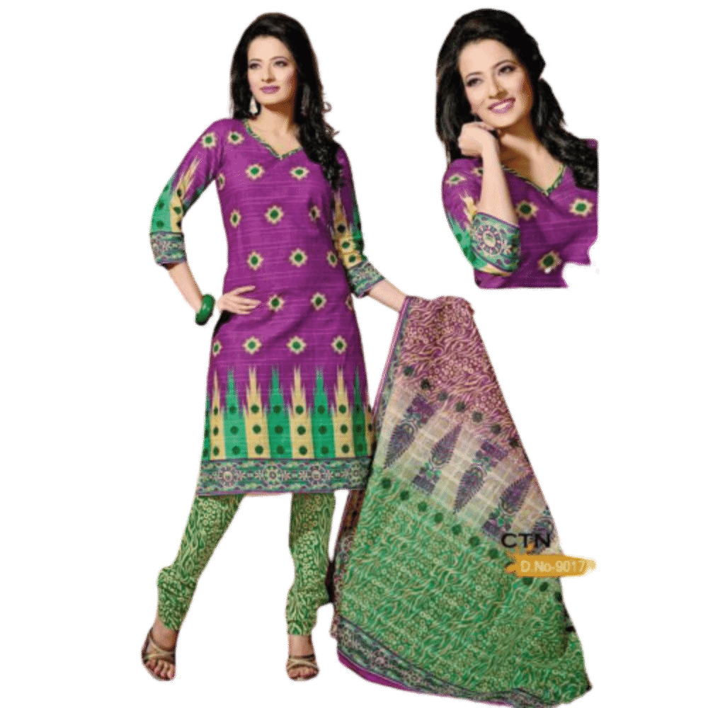 Dark Pink and Green Cotton Salwar Suits Dress Material