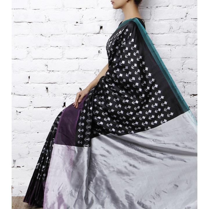 Black & Grey Handwoven Ikat Silk Saree