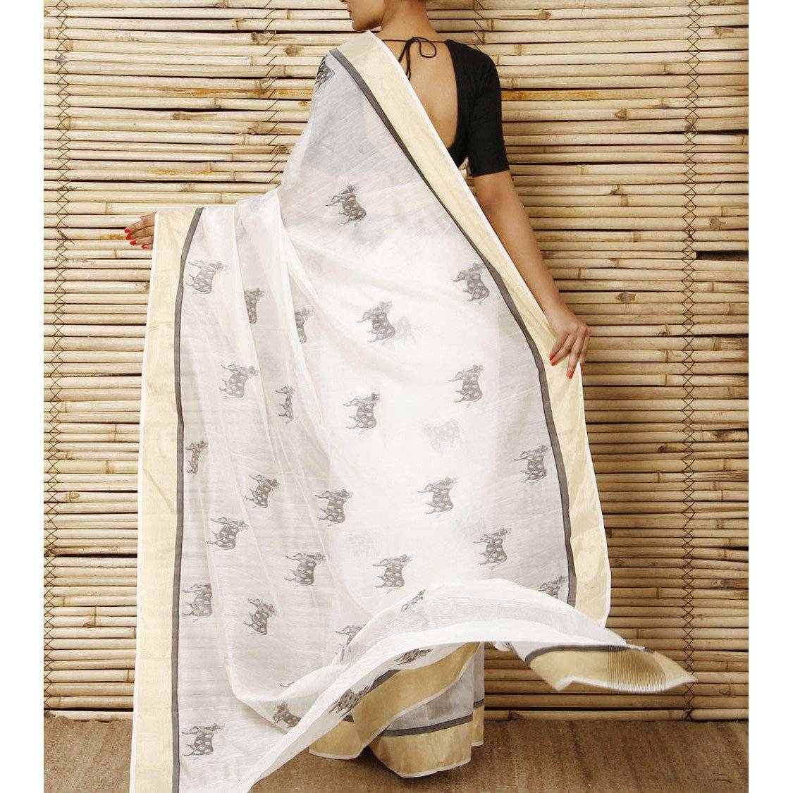 White Chanderi Cotton Silk Saree with Zari Work
