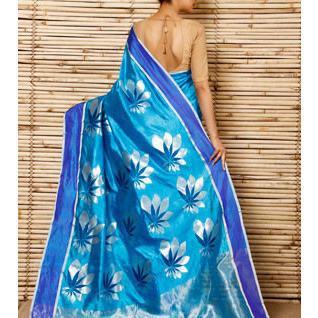 Turquoise Silk Big Flower Booti Chanderi Saree