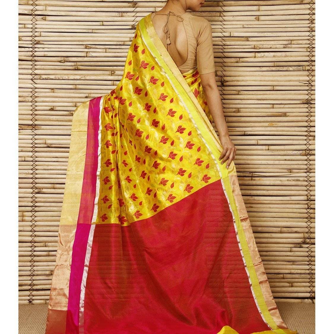 Yellow Silk Phool Meena Jaal Chanderi Saree