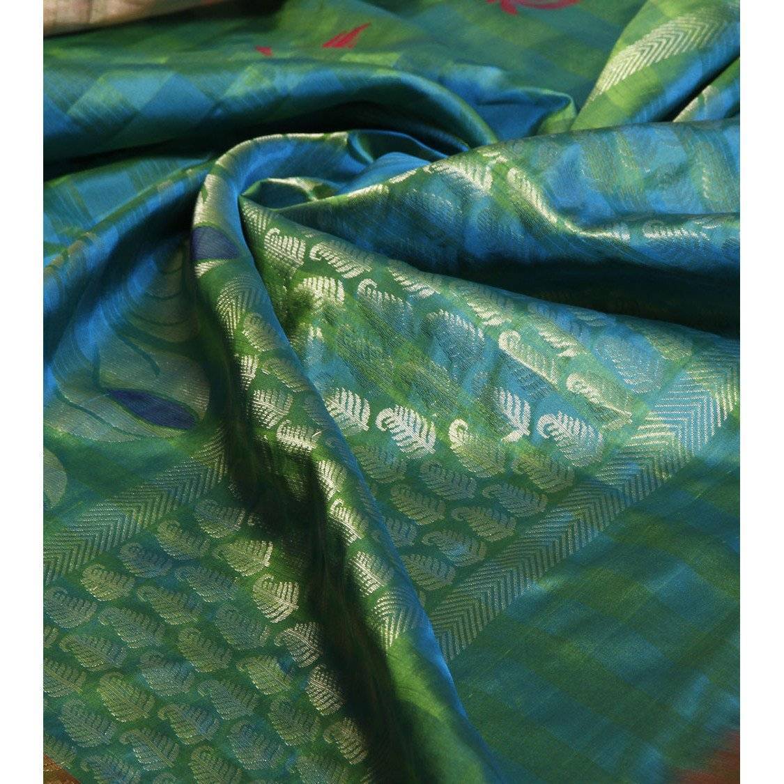 Handwoven Green and Blue Kora Silk Saree