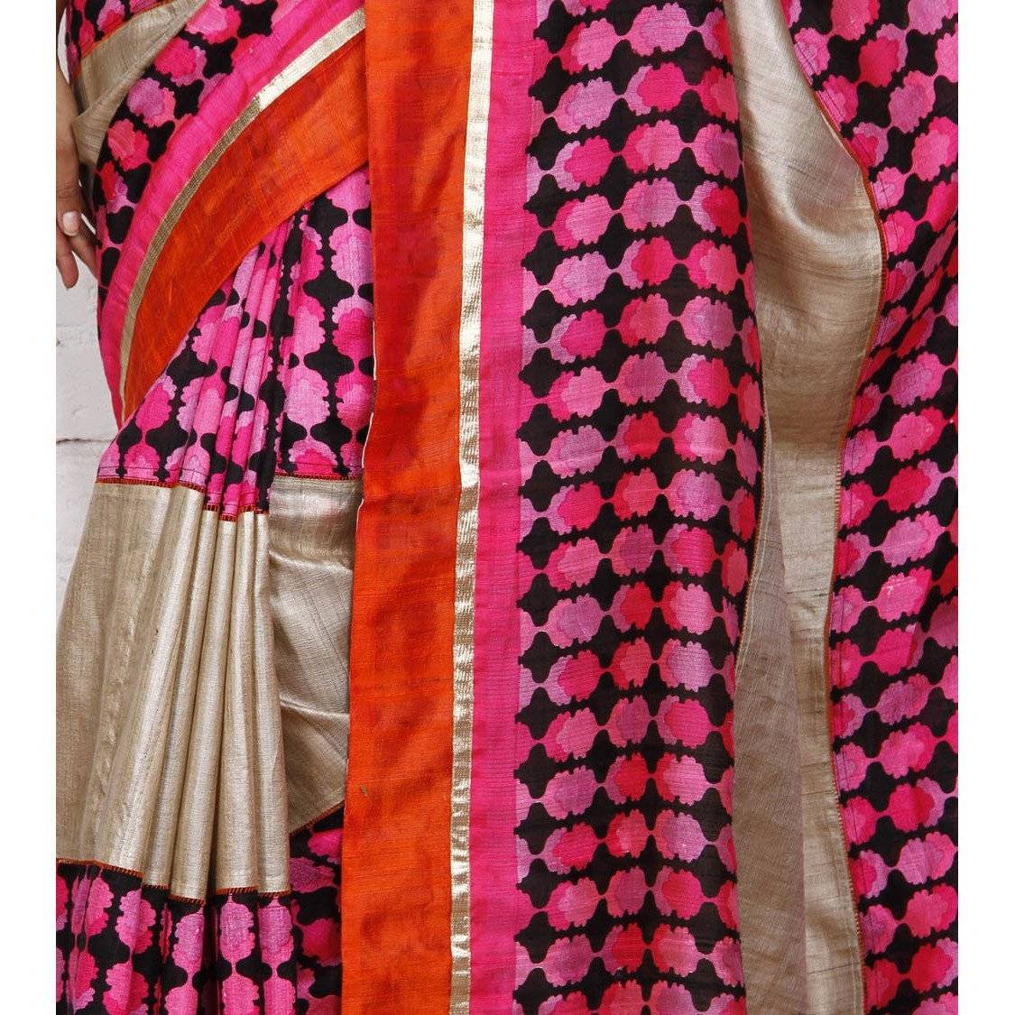 Grey & Pink Muga Silk Saree with Banarasi Silk Border