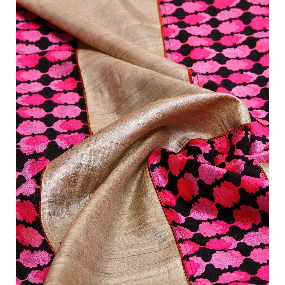Grey & Pink Muga Silk Saree with Banarasi Silk Border