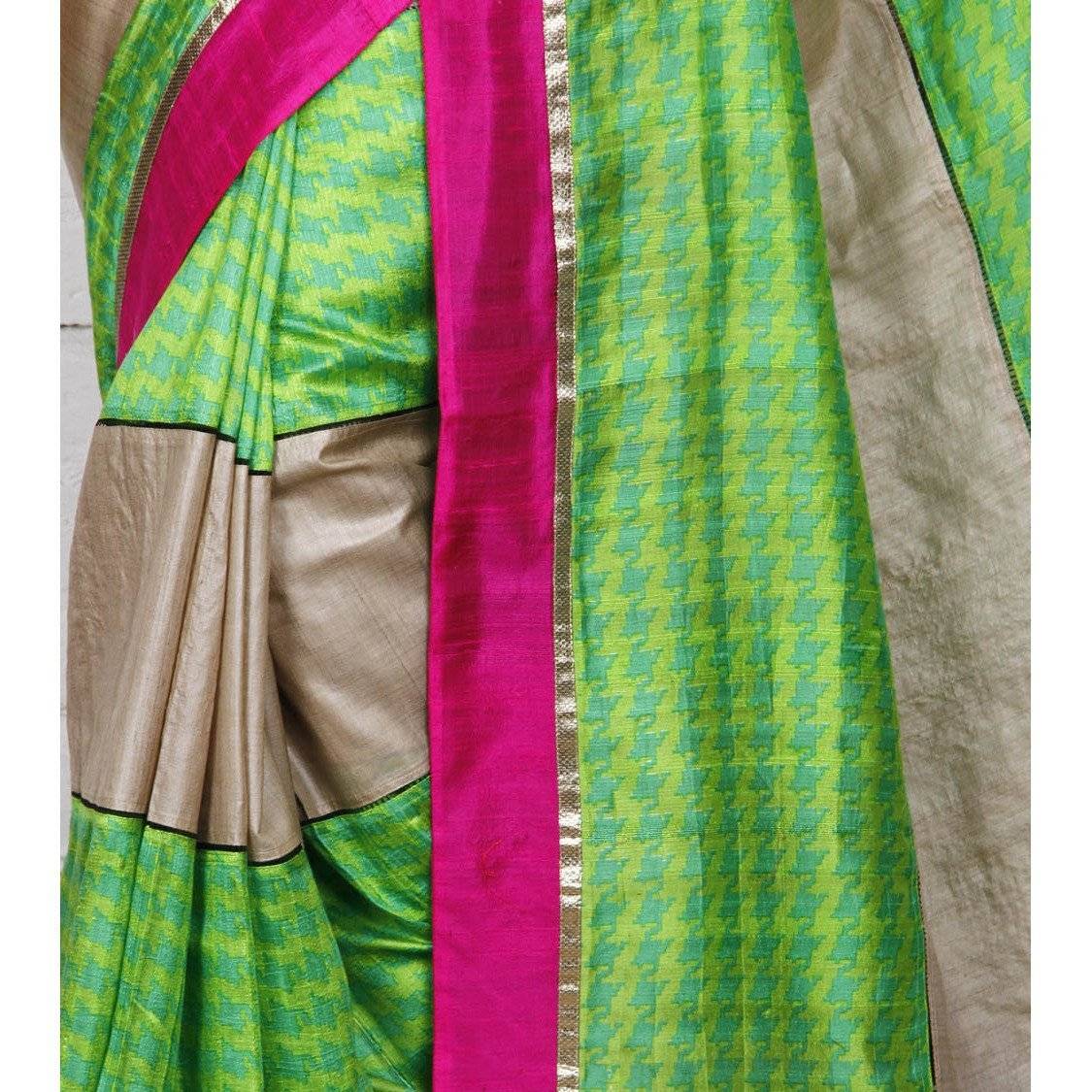 Grey & Green Muga Silk Saree with Banarasi Silk Border