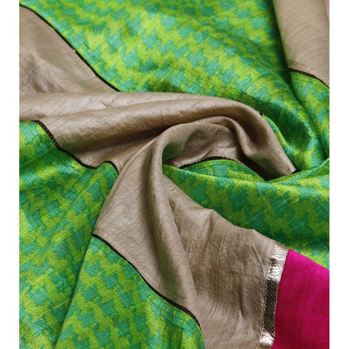 Grey & Green Muga Silk Saree with Banarasi Silk Border