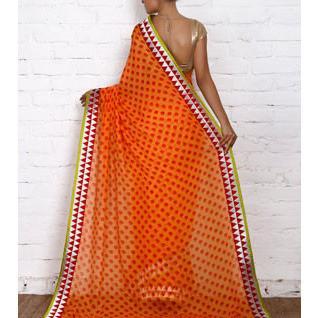Orange Block Printed Chiffon Saree (100000043790)