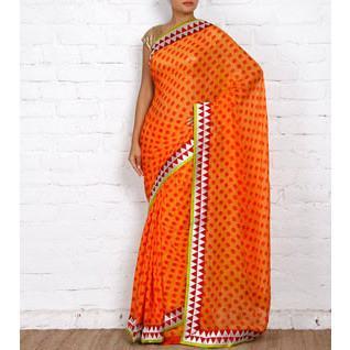 Orange Block Printed Chiffon Saree (100000043790)