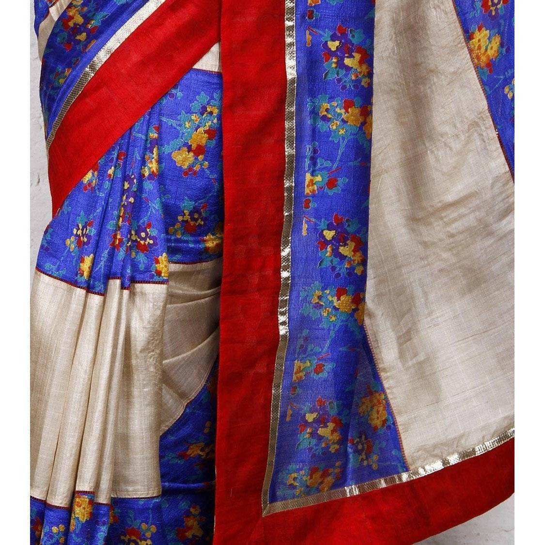Grey & Blue Muga Silk Saree with Banarasi Silk Border