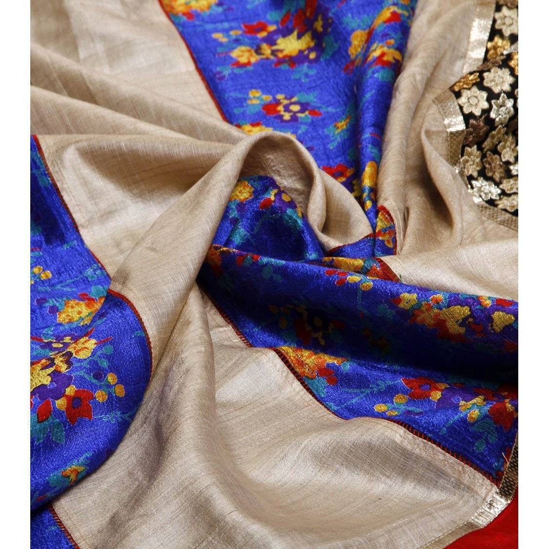 Grey & Blue Muga Silk Saree with Banarasi Silk Border