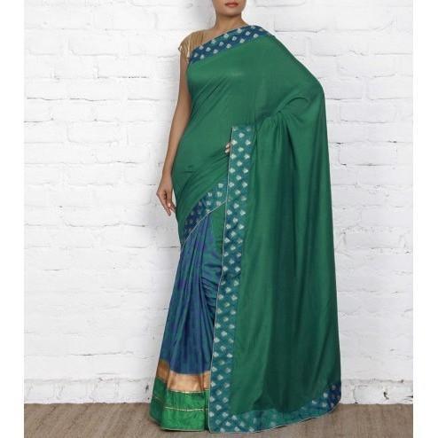 Green Tussar & Muga Silk Saree with Banarasi Brocade Patch