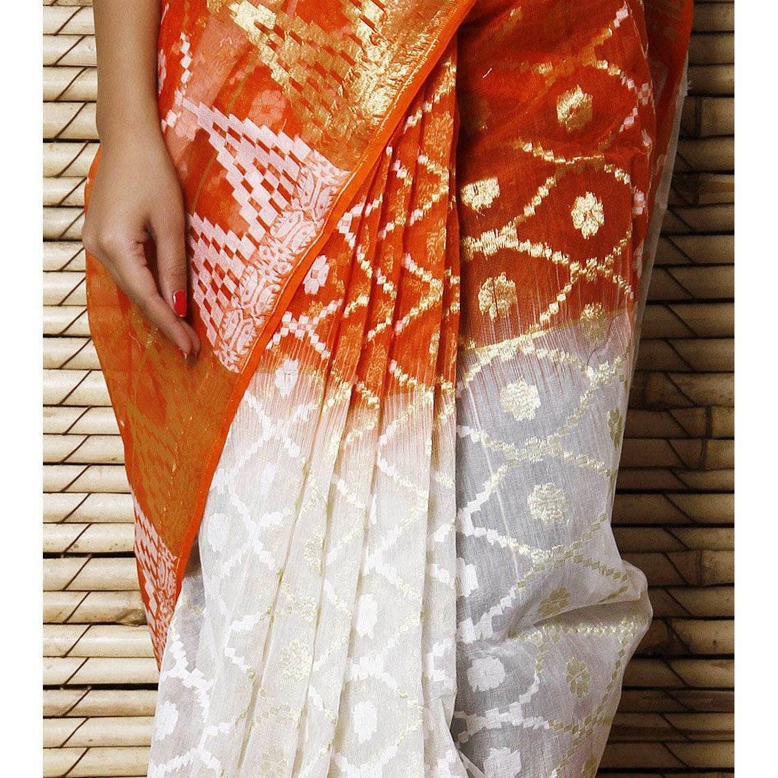 Off White & Orange Jamdani Cotton Silk Saree