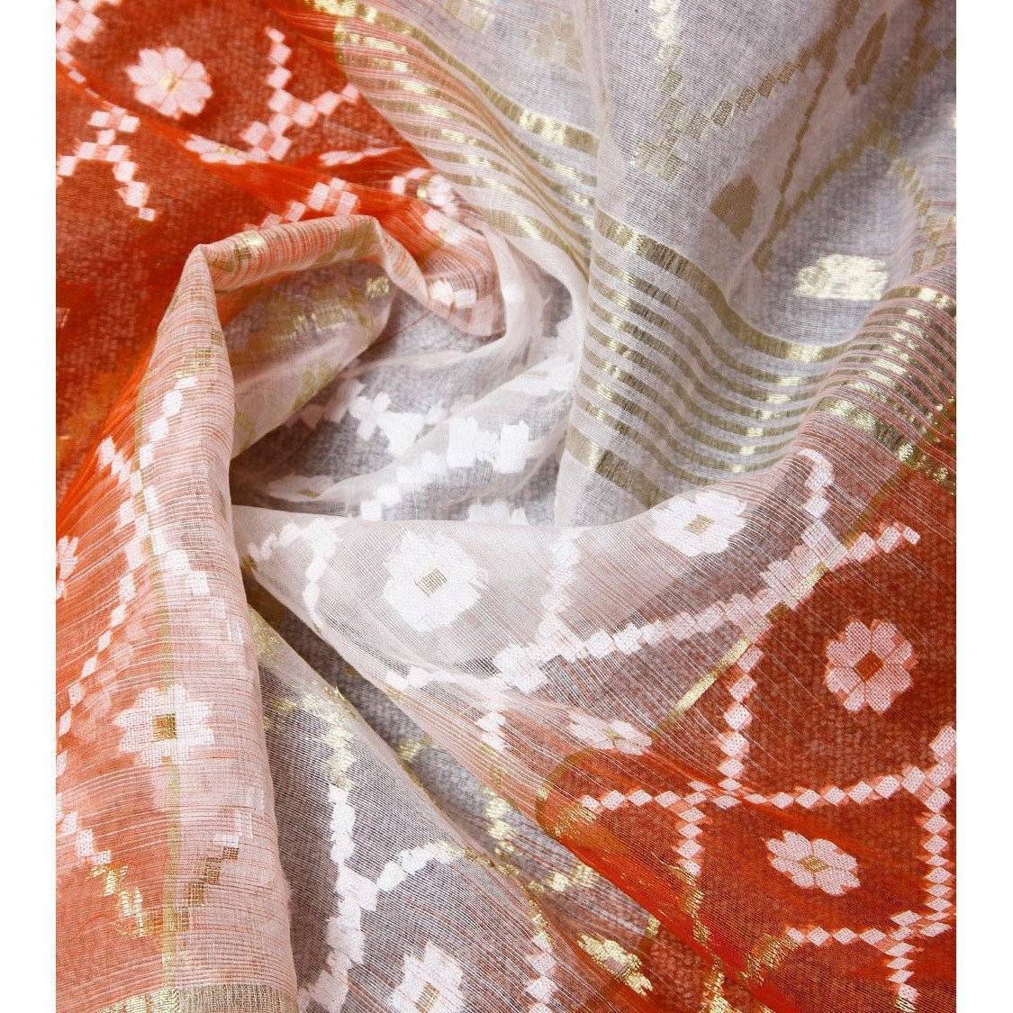 Off White & Orange Jamdani Cotton Silk Saree