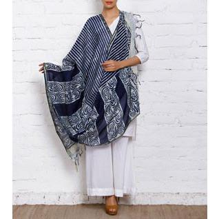 Indigo Block Printed Cotton Silk Dupatta