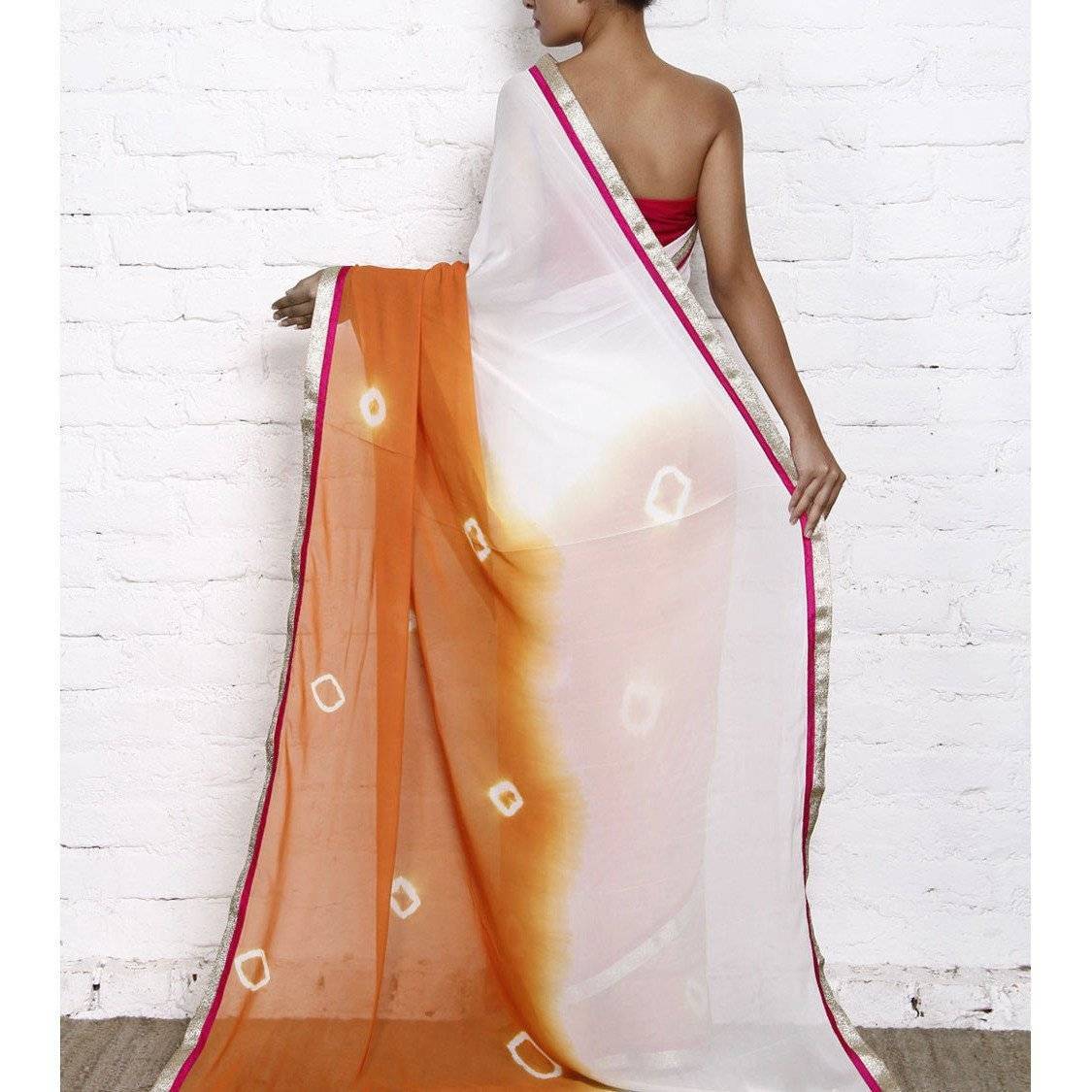 Orange & White Bandhani Georgette Saree