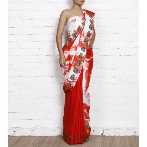 Red & White Tie Dyed & Block Printed Cotton Linen Saree