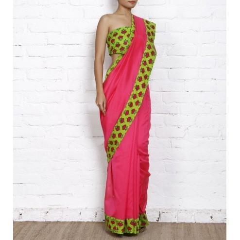 Pink Chanderi Saree with Green Block Printed Border