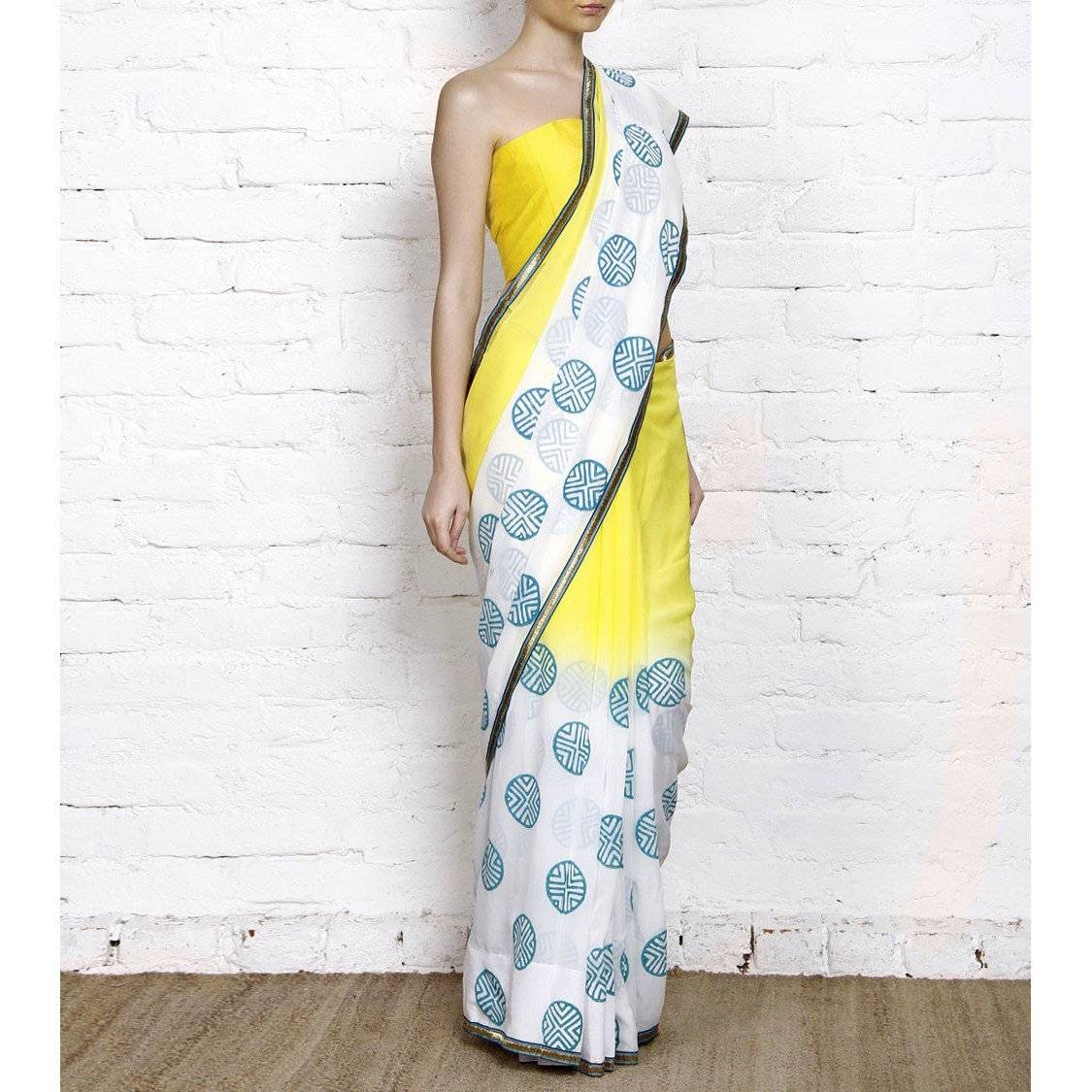 Yellow & White Dip Dyed Georgette Saree With Blue Block Print