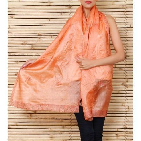 Orange Silk Stole with Kantha Work