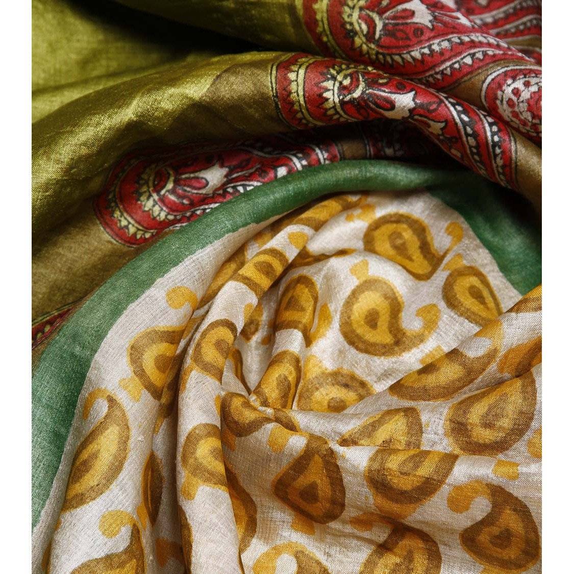 Beige, Mustard & Green Tussar Silk Dupattas
