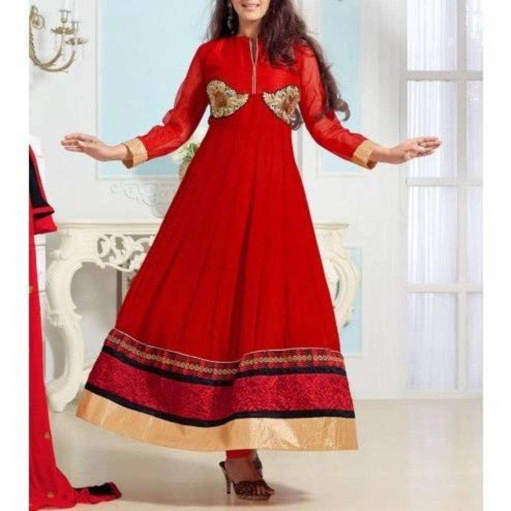 Red Embroidered Georgette Anarkali Suits