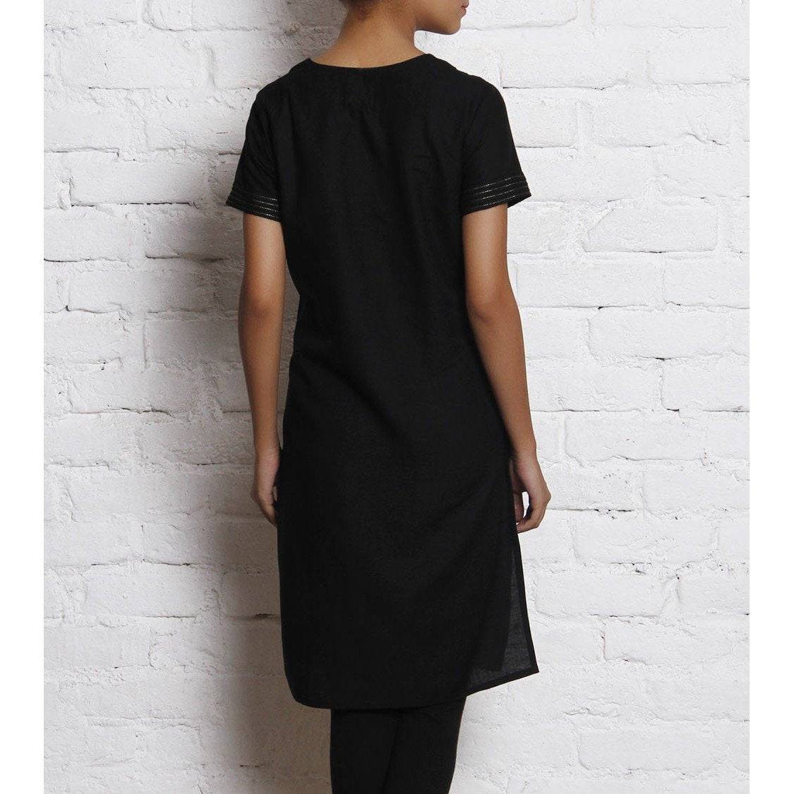 Black Embroidered Linen Kurti