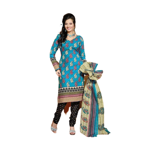 Cyan and Black printed cotton salwar kameez dress material