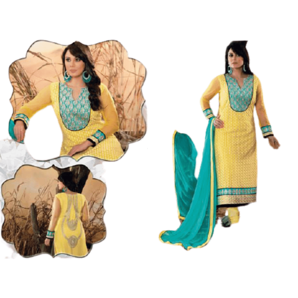 Yellow Net Santoon Chiffon Semi Stitch Salwar Kameez/Suits Dress