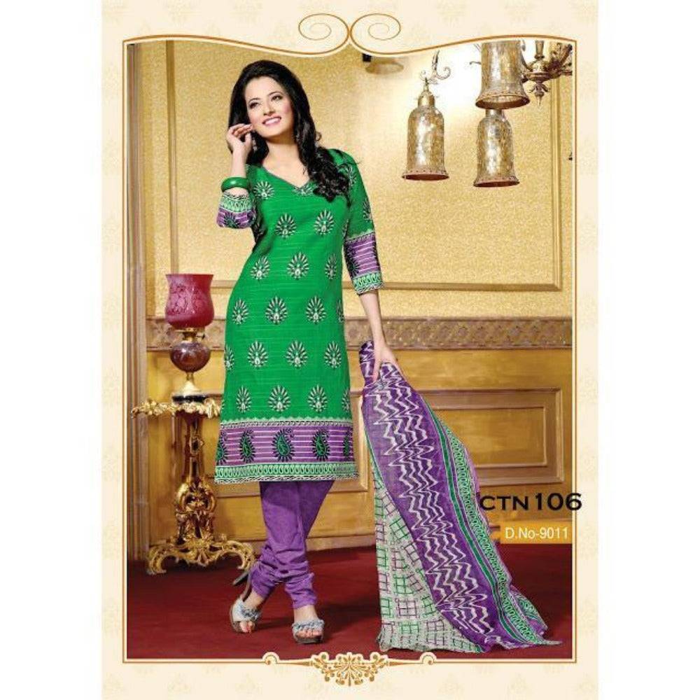 Green and Purple Cotton Printed Salwar Suit Dress Material