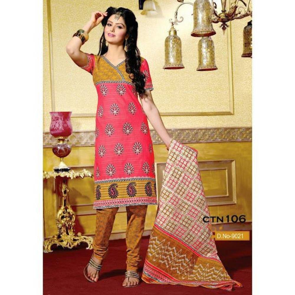 Pitch and Light Yellow Cotton printed Salwar Kameez Dress Material