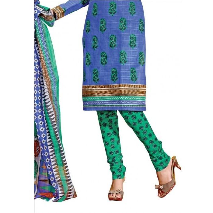 Blue Colored Pure Cotton Printed Semi-Stitched Salwar Suit Dress Material