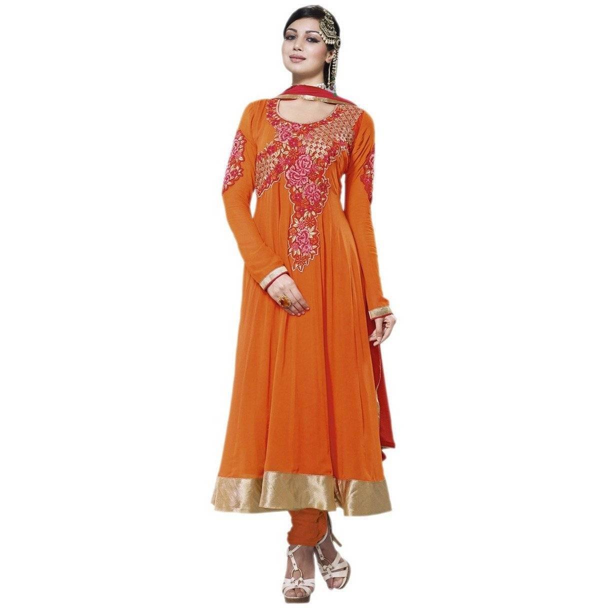 Orange Georgette Semi Stitch Salwar Kameez Dress - Sreya705 - Dress Material by Hypnotex
