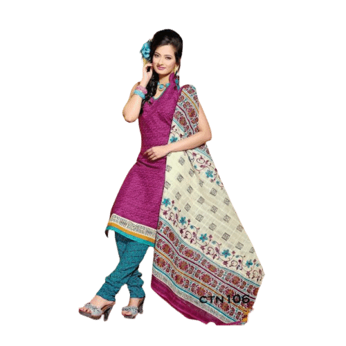 Dark Pink and cyan Cotton Printed Salwar Kameez Dress Material